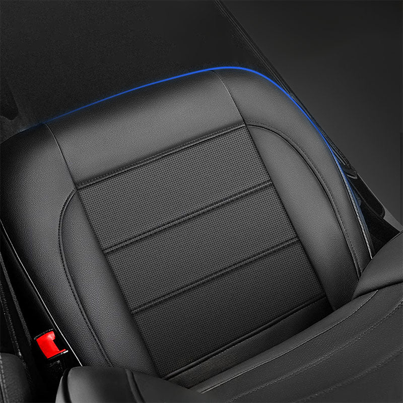 Close-up of black PU leather seat cover with perforated centre panel
