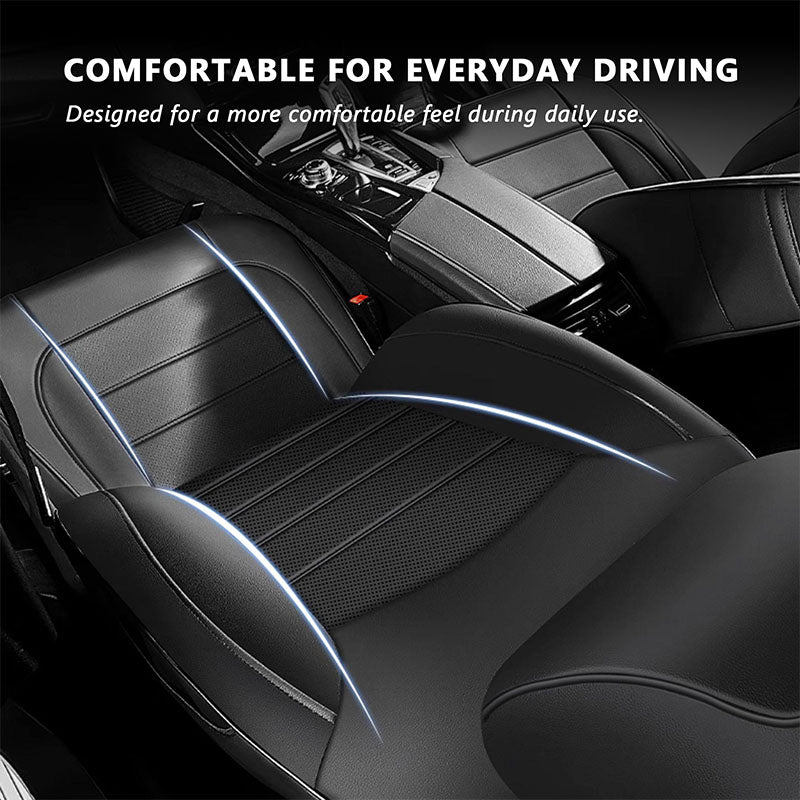 Close-up of black PU leather front seat cover with contoured bolsters