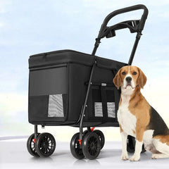 Black foldable pet stroller with mesh sides, four double wheels, and a handlebar featuring cup holders.